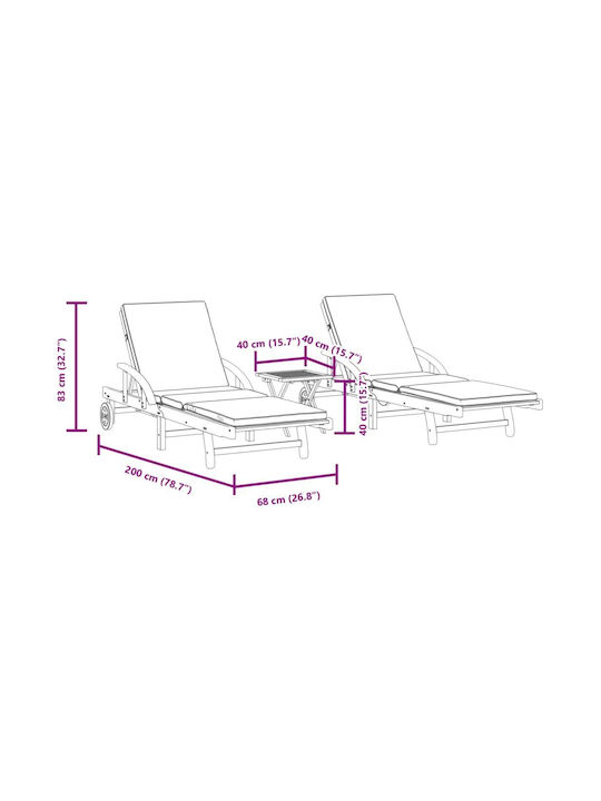 Deckchair Wooden with Cushion & Wheels Brown with Table 2pcs 200x68cm.