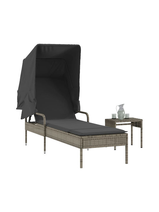 Deckchair Rattan with Cushion & Sunshade Gray with Table 200x55cm.