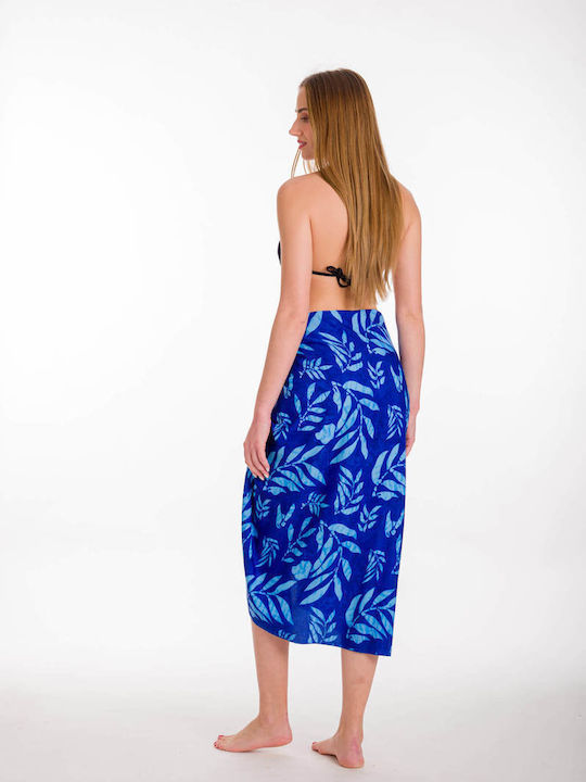 Pareo with Print with Print and Fringes Blue
