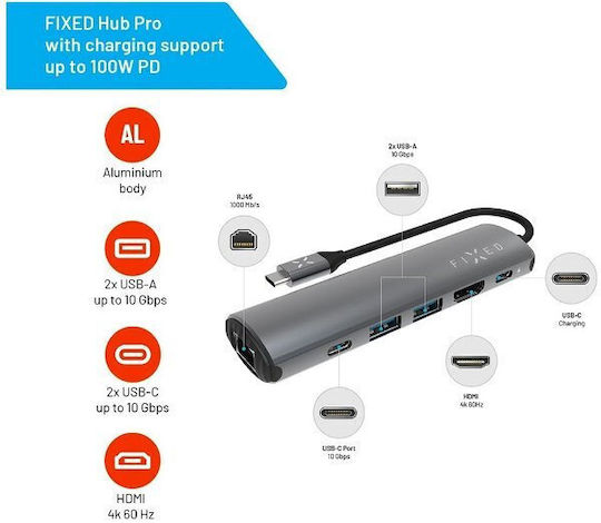 Fixed Hub Pro 6in1 USB-C Докинг станция с HDMI 4K PD Етърнет Сив