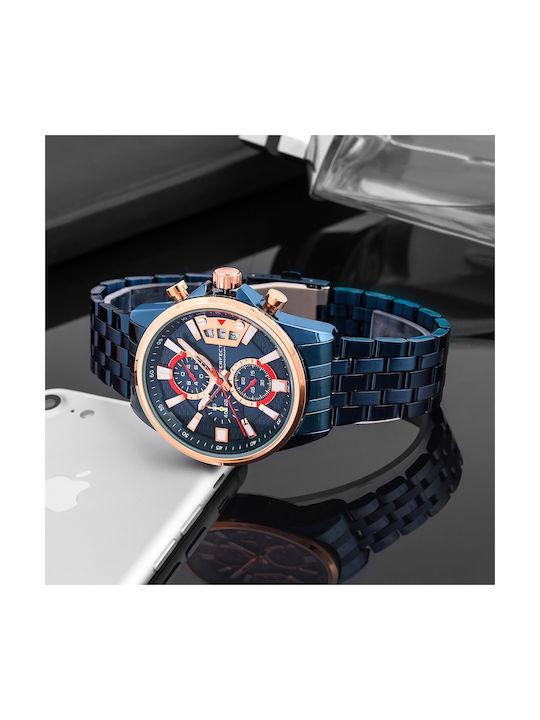 Perfect Ανδρικό Ρολόι 43mm Χρονογράφος Μπαταρίας με Μπλε Μεταλλικό Μπρασελέ