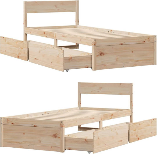 Bed Single Made of Solid Wood Brown with Slats for Mattress 75x190cm