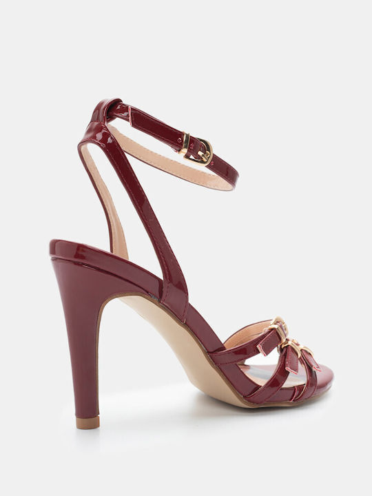 Luigi Patent Leather Women's Sandals with Ankle Strap Burgundy with High Heel