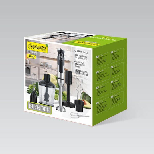 Maestro Blender De Mână Cu Tijă Din Inox 1000W Negru