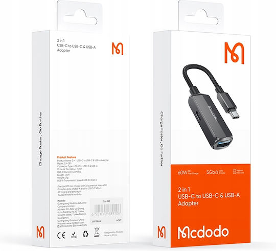Mcdodo Μετατροπέας USB-C male σε USB-A / USB-C female Γκρι 1τμχ CA-2830