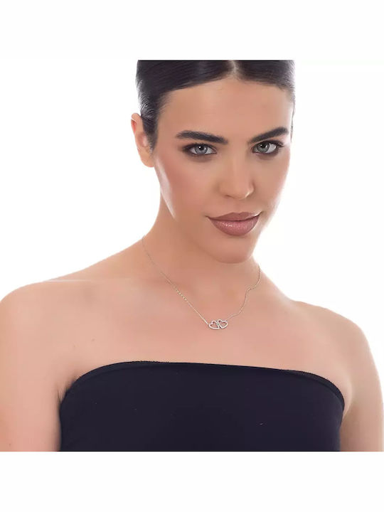 Oxzen Platinum-plated Necklace Double with design Heart from Silver with Zircon