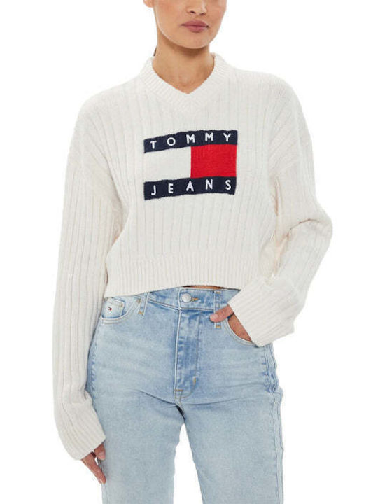 Tommy Hilfiger Women's Long Sleeve Sweater with V Neckline White