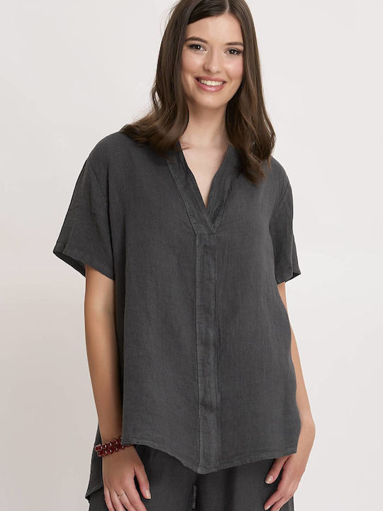 MyCesare Women's Summer Blouse Linen Short Sleeve Gray