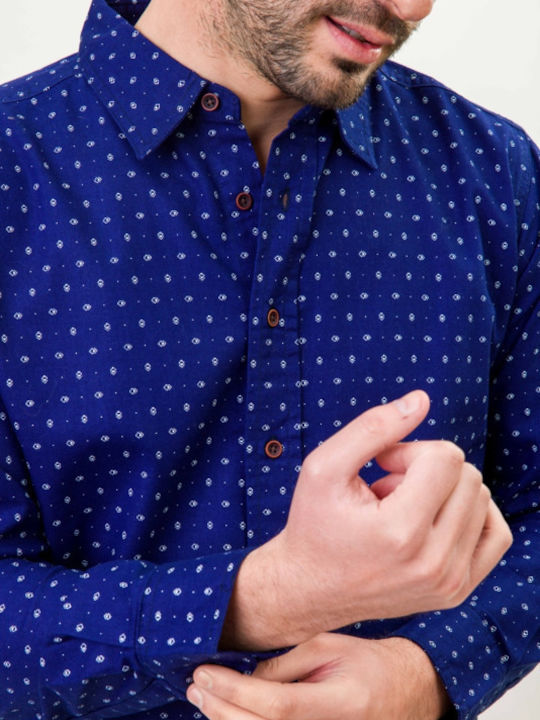 Natural Line Men's Shirt Long Sleeve Linen Polka Dot Blue