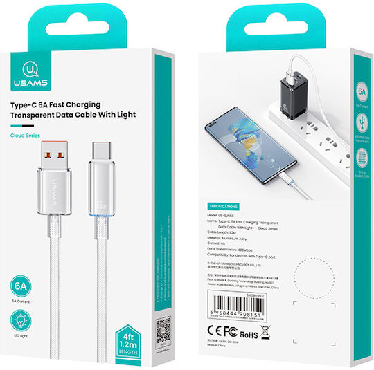 Usams US-SJ658 Braided LED USB 2.0 Cable USB-C Male - USB-A 66W PD White 1.2m SJ658USB02