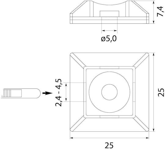 Baza de montare cu benzi adezive pentru cabluri, negru, Pms-25-25-uv-100