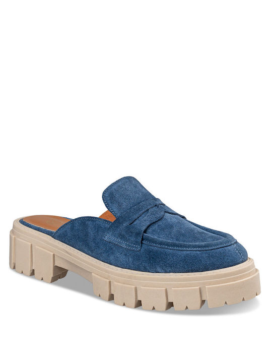 Envie Shoes Leder Mules mit Chunky Absatz in Blau Farbe
