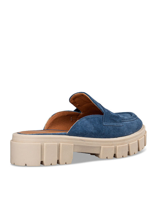 Flat Leather Mules in Blue Color
