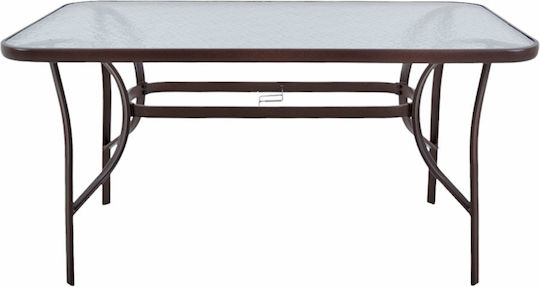 Outdoor Dinner Free Standing Table with Glass Surface and Metal Frame Dark Brown 140x80x70cm
