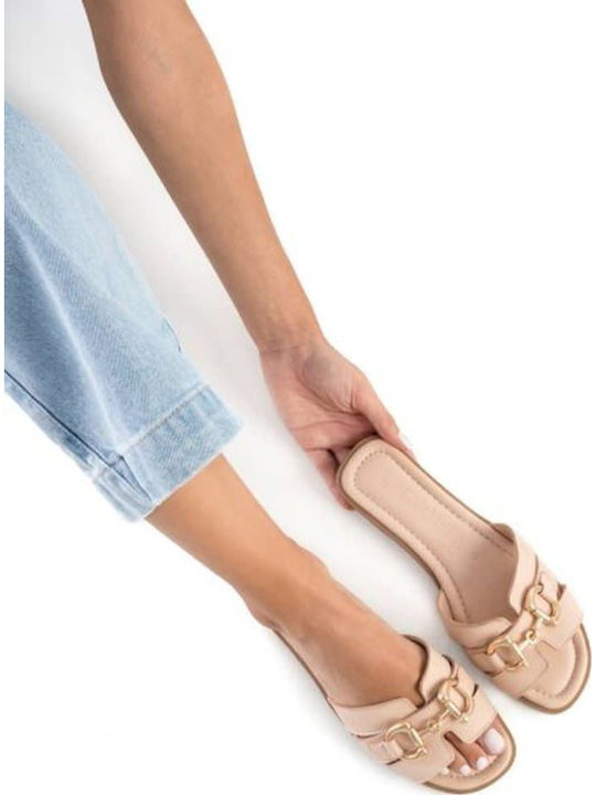 Leather Women's Flat Sandals in Beige Color