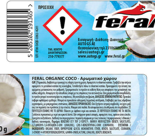 Feral Car Air Freshener Can Console/Dashboard Organic Collection Coconut 40gr