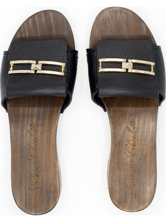 Leather Women's Flat Sandals in Black Color