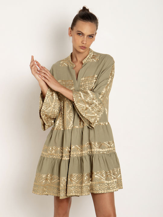 Greek Archaic Kori Summer Mini Dress with Ruffle Tea / Gold