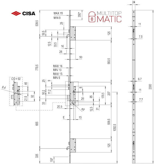 Cisa Multitop Χωνευτή Κλειδαριά με Κέντρο 35mm