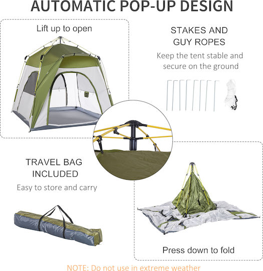 Outsunny Αυτόματη Καλοκαιρινή Σκηνή Camping Πράσινη για 2 Άτομα 240x240x199εκ. με Πόρτα με Φερμουάρ και 3 Παράθυρα