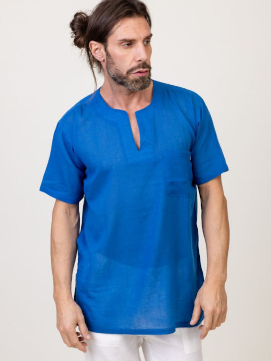 Meandros Men's Shirt Short Sleeve Cotton Blue