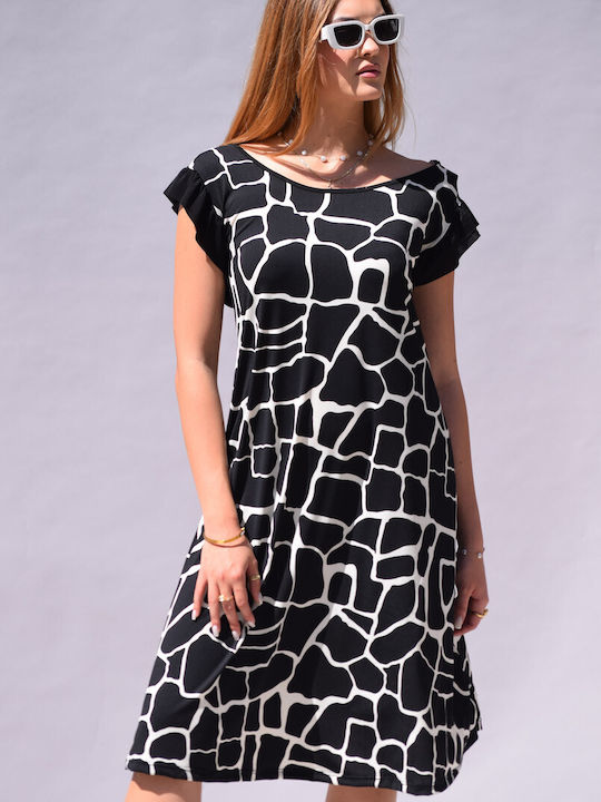 Zilan Summer Mini Dress with Ruffle Black-White