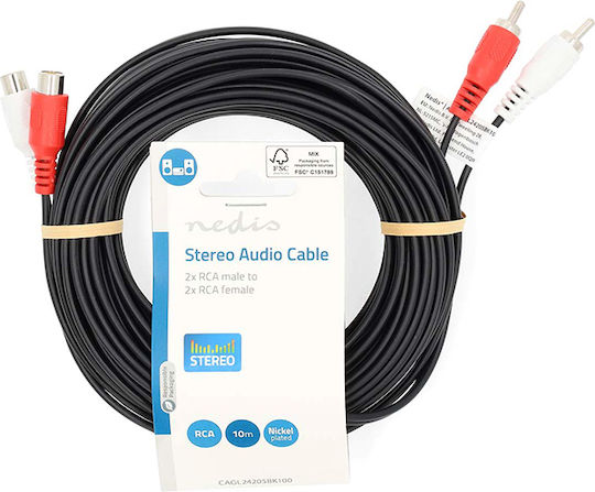 Nedis Cable 2x RCA male - 2x RCA female 10m CAGL24205BK100