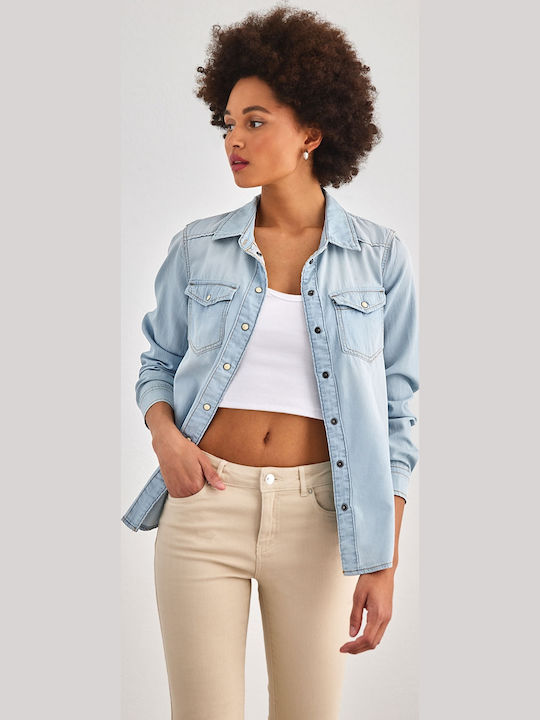 Long Sleeve Women's Denim Shirt Light Blue