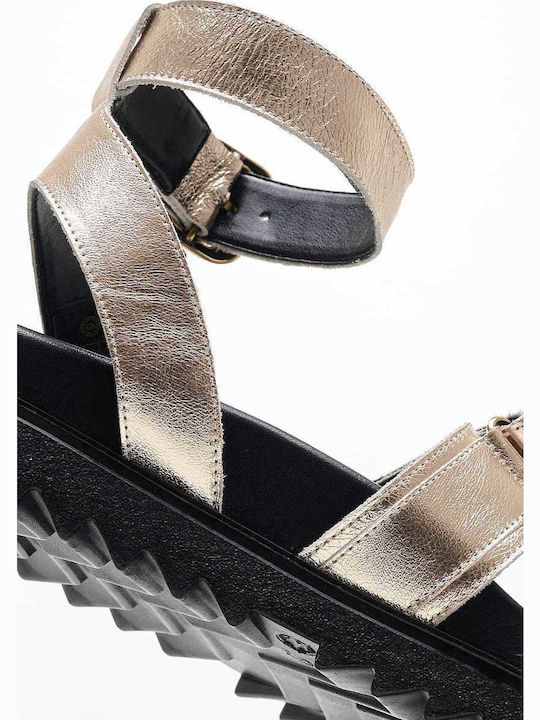 Leather Women's Flat Sandals with Strap in Gold Color