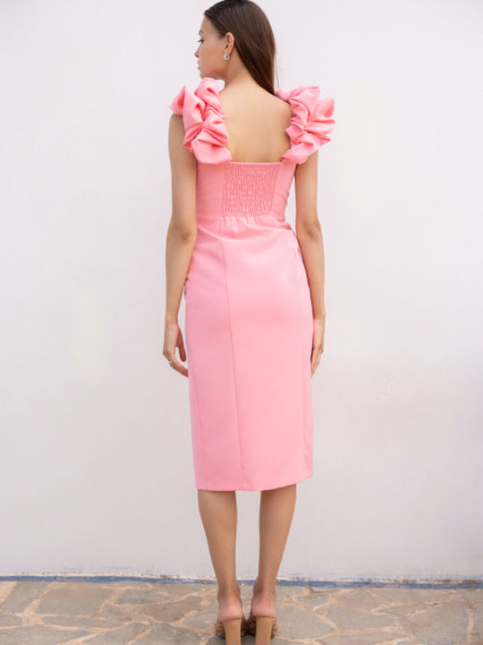 Midi Dress with Puff Sleeves Pink