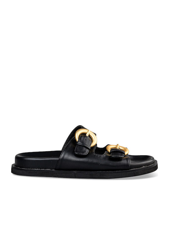 Leather Women's Flat Sandals in Black Color