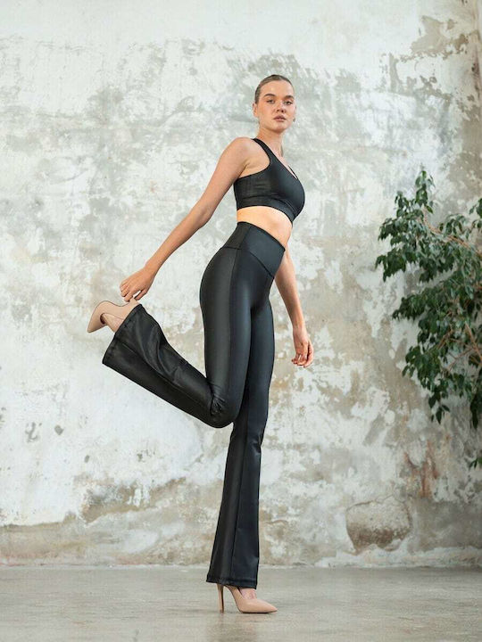 Axidwear Femei Talie înaltă Piele Pantaloni Push-up Evazați Black