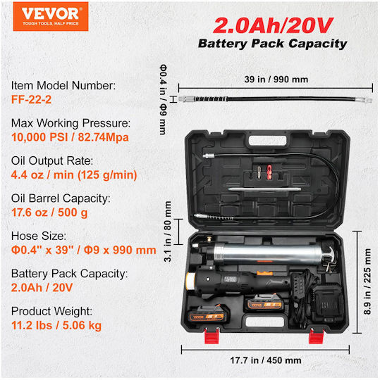 Vevor Kit Electric Grease Gun Power 200W/Battery 20V