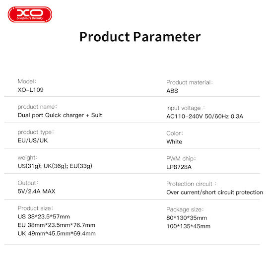 XO Φορτιστής με 2 Θύρες USB-A και Καλώδιο Lightning Λευκός (L109 UK)