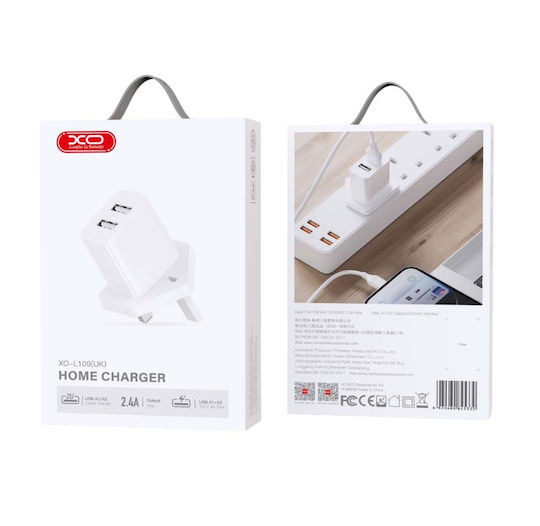 XO Зарядно Устройство Без Кабел с 2 USB-A Изходни Порта Бял (L109 UK)