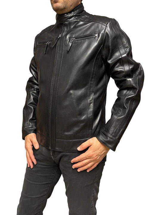 MARKOS LEATHER Ανδρικό Δερμάτινο Μπουφάν Biker Μαύρο