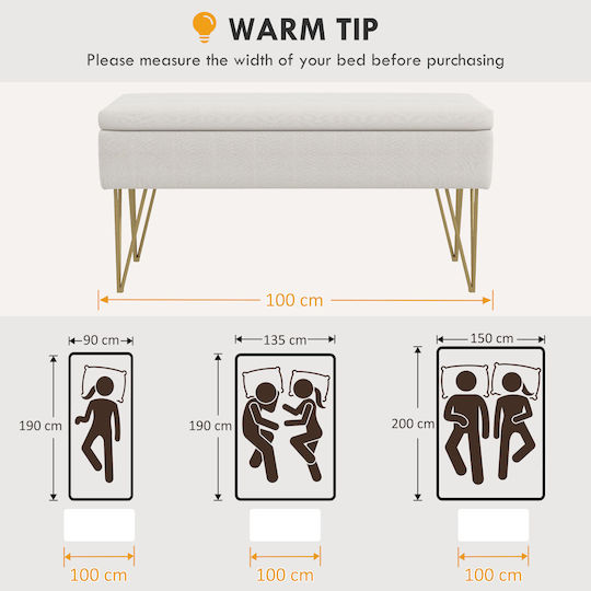 Bench Stool With Storage Space Upholstered In Cream Fabric 100x40x49cm