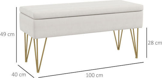 Bench Stool With Storage Space Upholstered In Cream Fabric 100x40x49cm