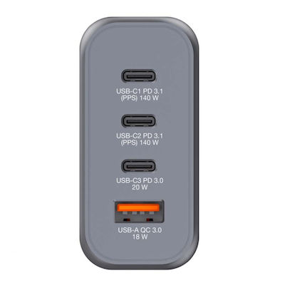 Verbatim Φορτιστής Χωρίς Καλώδιο GaN με Θύρα USB-A και 3 Θύρες USB-C 140W Power Delivery / Quick Charge 3.0 Γκρι (GNC-140)