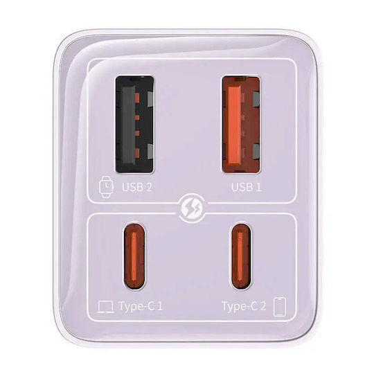 Baseus Ladegerät ohne Kabel GaN mit 2 USB-A Anschlüsse und 2 USB-C Anschlüsse 65W Lila (GAN6 Pro)
