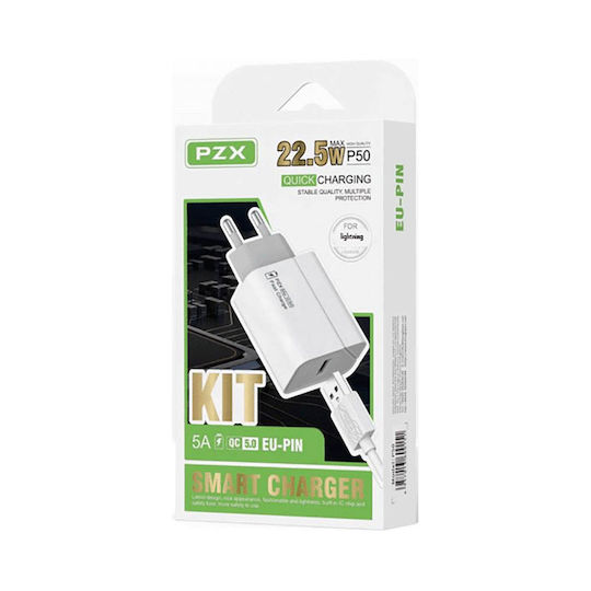 PZX Φορτιστής με Θύρα USB-A και Καλώδιο Lightning 22.5W Λευκός (P50)