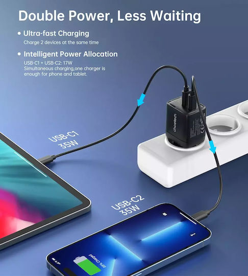 Choetech Φορτιστής Χωρίς Καλώδιο GaN με 2 Θύρες USB-C 35W Power Delivery Μαύρος (PD6051)