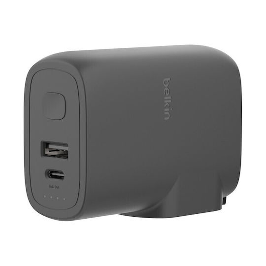 Belkin Φορτιστής με Θύρα USB-A και Θύρα USB-C και Καλώδιο USB-C - USB-C 25W Power Delivery Μαύρος (BOOST Charge Hybrid Dual Charger + Power Bank 5K)