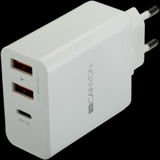 Canyon Φορτιστής Χωρίς Καλώδιο με 2 Θύρες USB-A και Θύρα USB-C 30W Power Delivery Λευκός (CNE-CHA08)