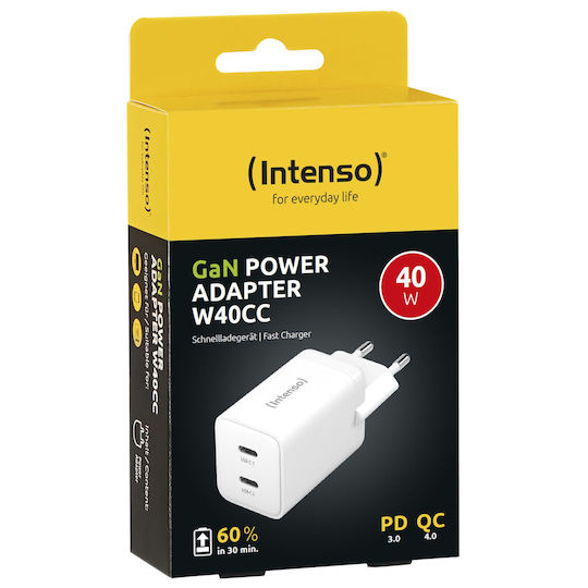 Intenso Incarcător Fără Cablu GaN Cu 2 Porturi De Ieșire USB-C 40W Alb