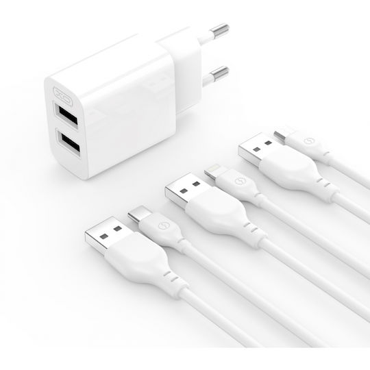 XO Charger with 2 USB-A Ports and Cable USB-C Whites (L109)