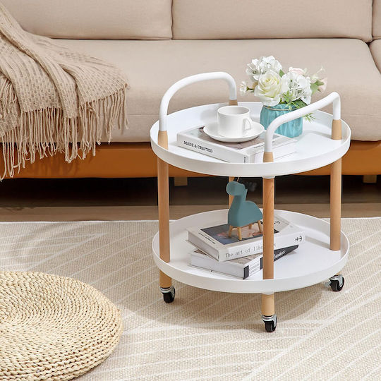 Round Side Metal Coffee Table with Wheels White / Natural W48xL48xH51.5cm
