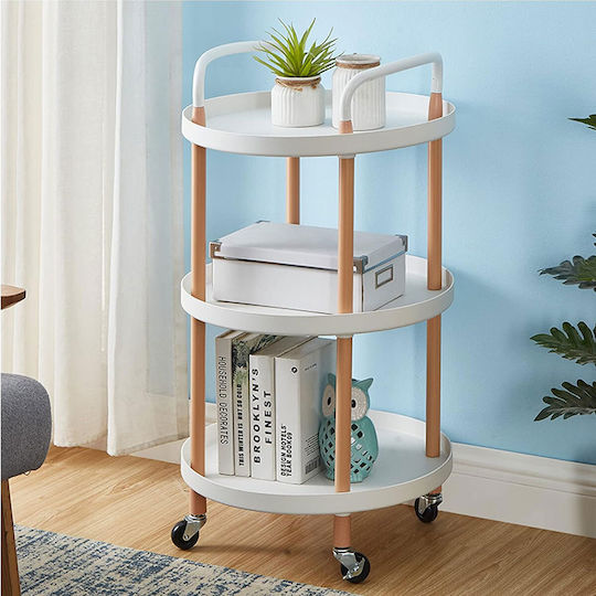 Round Metal Side Table with Wheels White Natural M48xP48xH81.5cm