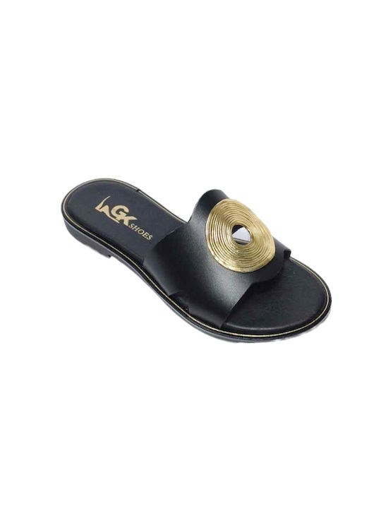 Gk Shoes Leather Women's Flat Sandals in Black Color