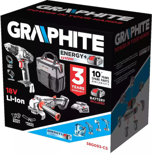 Graphite 58G093-CS Set Eckiges Rad & Bohrschrauber 18V mit 2 Batterien 4Ah - 2Ah und Hülle